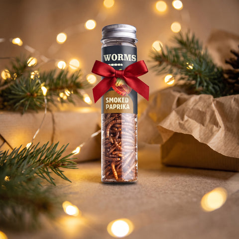 SENS mealworms Smoked Paprika tube festive gift with ribbon