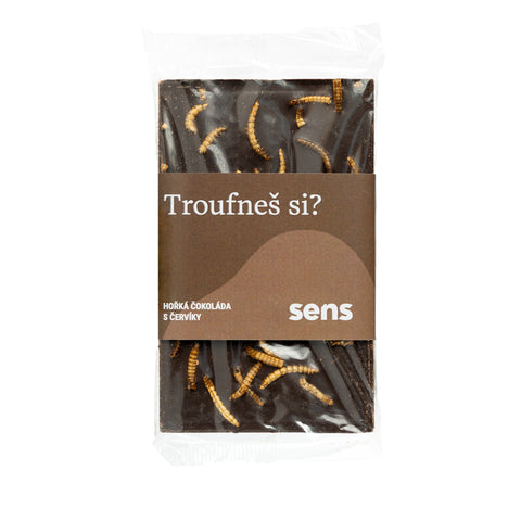 Hořká čokoláda s červíky Sens, motiv „Troufneš si?“