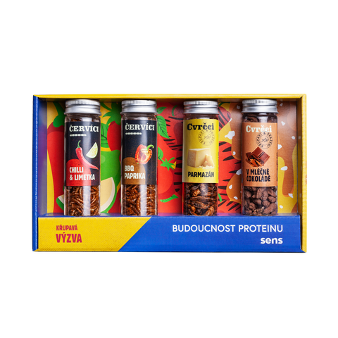 Výběr nejlepšího: červíci Chilli & limetka a BBQ paprika, cvrčci parmazán a v mléčné čokoládě v dárkové krabičce | Sens